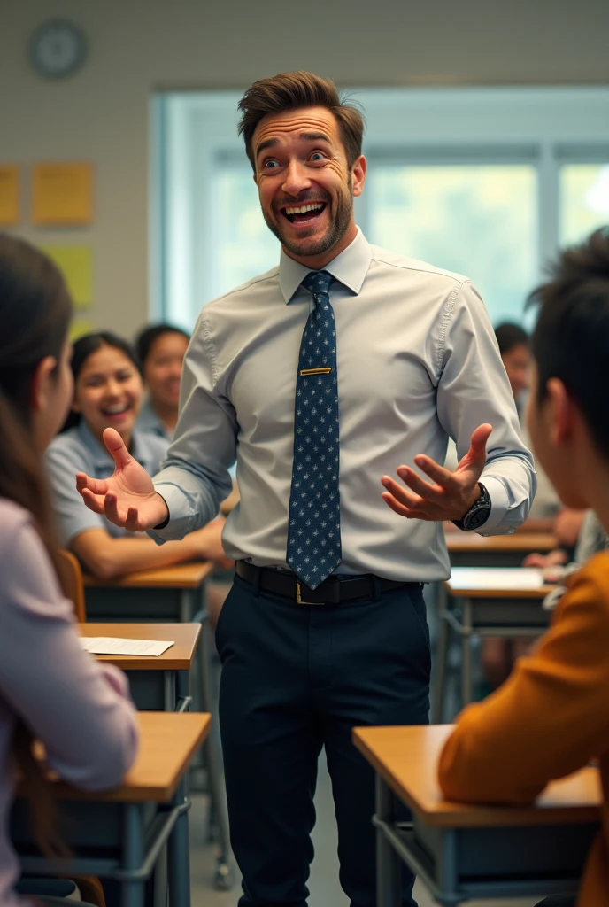 A  male teacher teaching student and crake a joke Some people were laughing and some people were not laughing