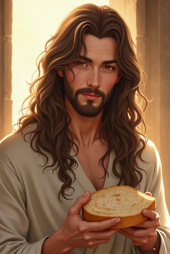 1 person, Realistic, masterpiece, Highest quality, beautiful, Detailed eyes and detailed face,Natural light, Israel 2000 years ago, linen clothing,  Long brown hair, Gentle Wave,Brown eyes, Charm, Pushed down, Beautiful Youth,relaxing, Jesus,Eating bread with relish,Sunbeam, Japanese fan art style illustrations,Relaxed smile,male