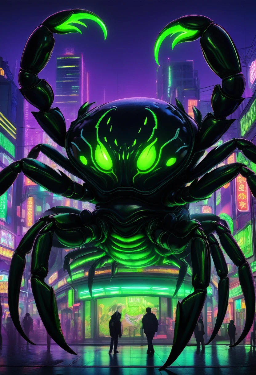 Kaiju giant Giant crab type with giant claws black scrotum skin with green neon green lines in background white