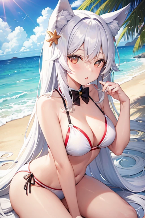 Girl,White long hair,Wolf ears,Beach,Bikini