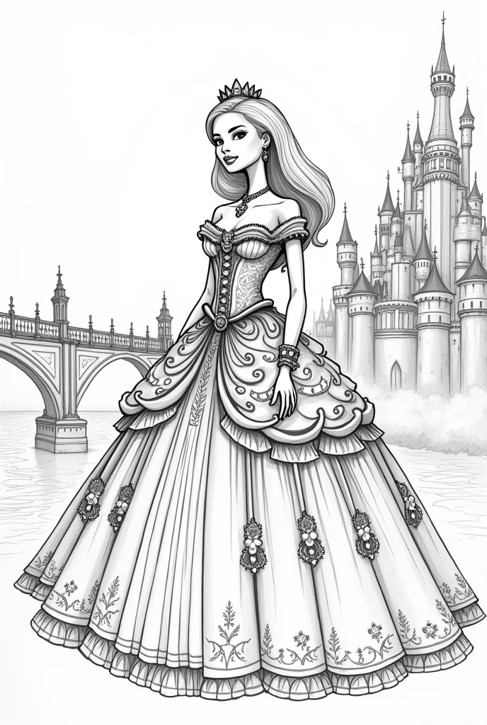 Coloring book without color: barbie in dress with huge castle with bridge detailed drawing 