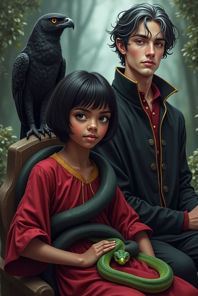 Draw a picture of a Gryffindor witch in a red dress with short hair but not too short., young black man with two snakes on his lap, one black and one green, and behind him a slightly older man with black hair with white streaks and eyes  , with a black owl and the Durmstrang uniform  