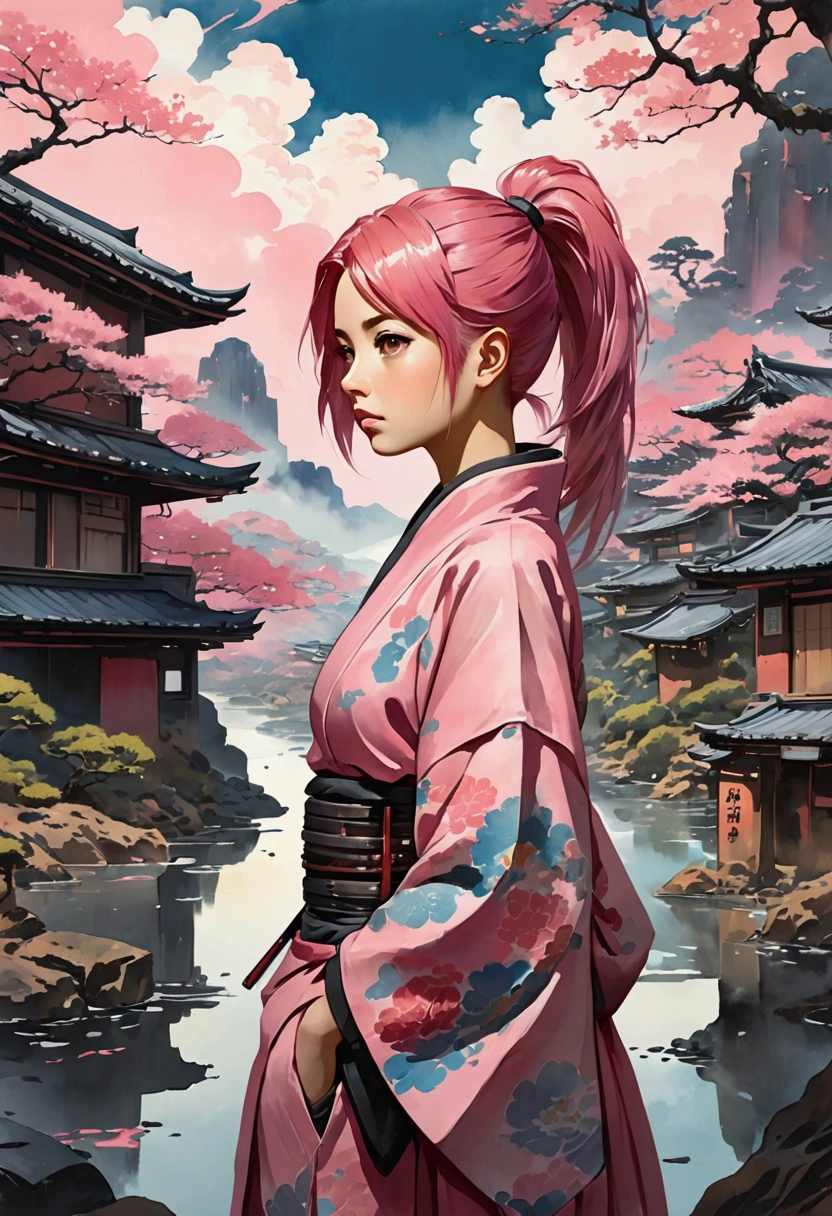 (masterpiece), Japanese cartoons, (photo_(Moderate):1.0), Written by Antonio J. Manzanedo, 1 Girl, Brown eyes, Ponytail, Pink Hair, Cyberpunk, Japanese clothes, Unbutton, In a surreal landscape, Watercolor style, Brushstrokes,