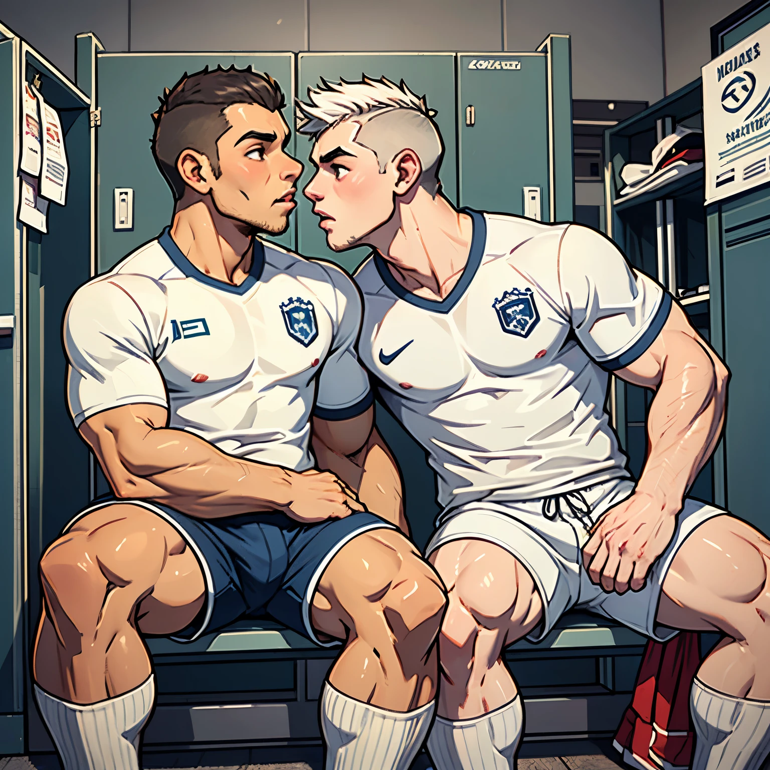 full view full body, 2 different handsome white european white young college boys with undercut clean haircuts, well-muscular, in shiny silky soccer jerseys, soccer shorts, white high pulled up soccer socks, soccer cleats, kissing in college locker room
