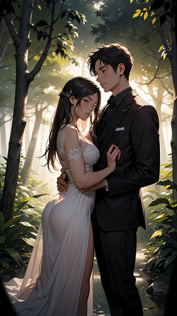 In the heart of a moonlit forest, a young couple embraces in a treehouse, their love illuminated by the gentle glow of the night. She stands bare, her voluptuous hips a testament to her beauty and sensuality. The scene is captured in a vivid and enchanting painting, where every detail is crafted with precision and depth, showcasing the couple's intimate connection amidst the tranquil woodland setting. Rich colors and intricate brushstrokes bring the image to life, evoking a sense of romance and mystery that captivates the viewer's imagination.