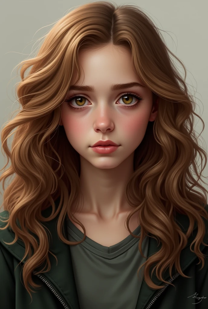 Hermione Granger with light skin, brown eyes, large front teeth and lots of bushy brown hair.