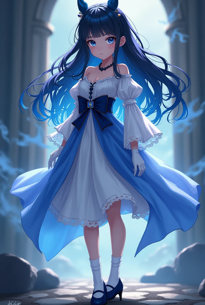 Demon slayer.has navy blue eyes with sparks.has dark black hair cobering the backside coloured with navy blue.has a white and light blue dress.white skirt, white gloves, black Pearl necklace.white socks, black cute shoes