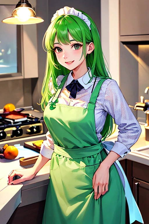 ((masterpiece)), (((best quality))), chromatic lighting,
colorized, green + white limited color palette,
detailed concept drawing,
kitchen, apron,
portrait, 20yo 1girl, medium soft breasts, slender, long green hair, black eyes, smiling