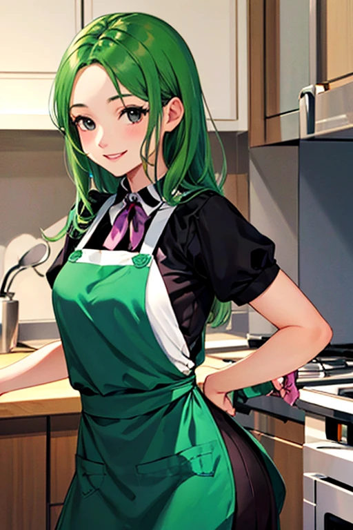 ((masterpiece)), (((best quality))), chromatic lighting,
colorized, green + white limited color palette,
detailed concept drawing,
kitchen, apron,
portrait, 20yo 1girl, medium soft , slender, long green hair, black eyes, smiling