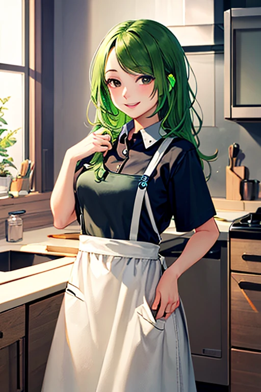 ((masterpiece)), (((best quality))), chromatic lighting,
colorized, green + white limited color palette, 
detailed concept drawing,
kitchen, apron,
portrait, 20yo 1girl, medium soft breasts, slender, long green hair, black eyes, smiling