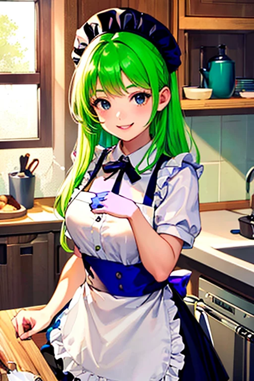 ((masterpiece)), (((best quality))), chromatic lighting,
colorized, green + white limited color palette, 
detailed concept drawing,
kitchen, apron,
portrait, 20yo 1girl, medium soft breasts, slender, long green hair, black eyes, smiling