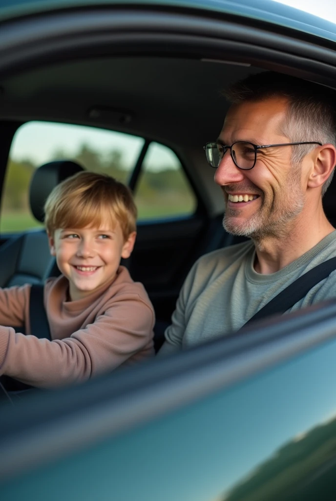 father and son in a car on the br