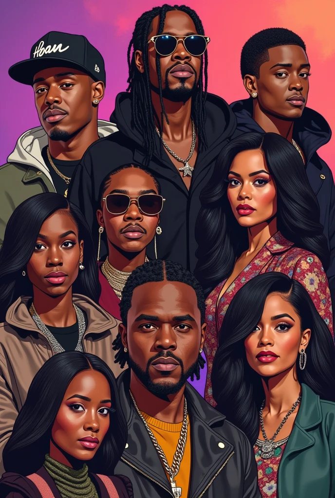 crie uma imagem onde travis scott, kayne west Ty Dolla sign, playboi carti, metro boomin, future, drake, the weenknd, swae lee, kendrick lamar, sza, beyonce, jay-z, rihanna, tyler the crator, 21 savege, cudi, young thug e Jay-Z estejam reunidos.