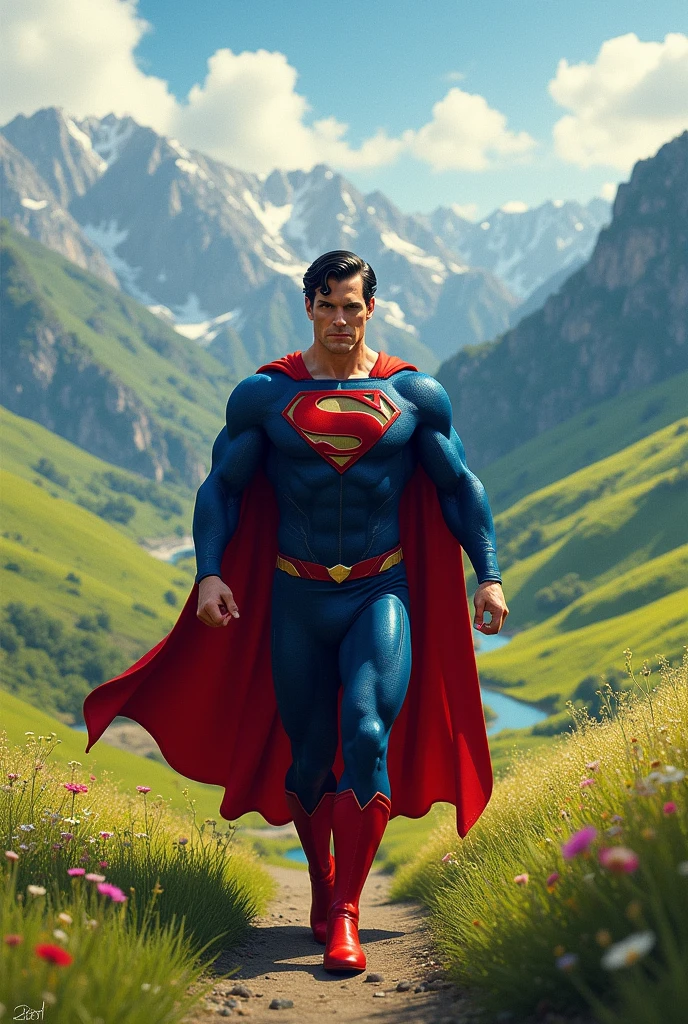 Superman walking through the Asturian countryside
