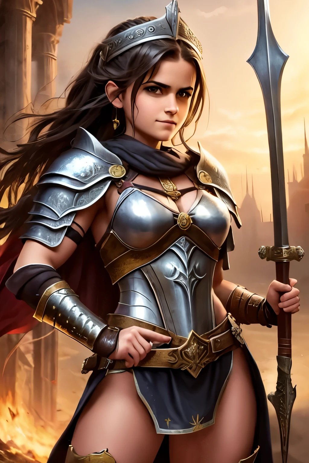 best quality), detailed background, occidental nobless,warrior girl,combat arts,holding halberd, army