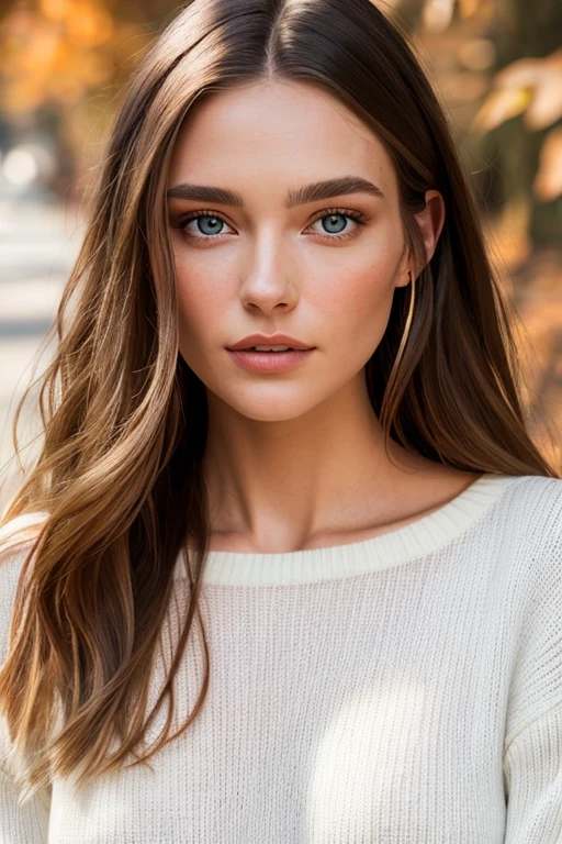 photography of a stunning girl, wearing a autumn white jumper, long hair on one side, heavy bust 36DD, looks into the camera, symmetrical eyes, symmetrical face, photorealistic, photography, path tracing, specular lighting, volumetric face light, path traced hair, visible shadows, intricate, elaborate