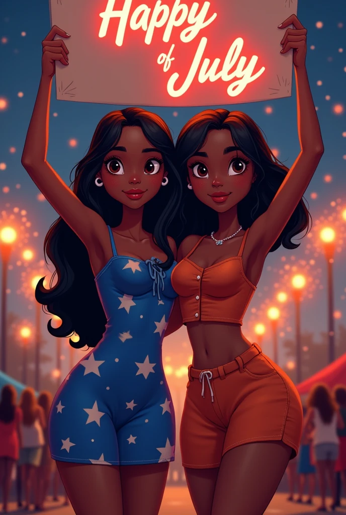 fourth of july ,block party, night, fireworks (Two beautiful girls holding a banner with text "happy", "july", "fourth"," ❤️") connie maheswaran (left side, Fit woman with dark skin, an oblong-shaped face, vivacious black eyes, a narrow convex hooked nose, perfect square body, black eyes, long black hair, toned, curvy hips, dragonbraid and a firm chest wearing a blue stars and black stripe print summer dress ); and sassy ( right side, an african-american-Caribbean woman, voluptuous, curvy, strong, shortie, sensuously cool, braided black hair, soft heart-shaped face, concaved Nubian button nose, heart-shaped physique, heart hips, glasses, heterochromia wine and brown eyes. Wearing a orange stars and black stripe print mini summer dress), Perfect characters perfect hands, perfect Face, perfect eyes, perfect physiques, dynamic perspective, ultra absurdres, ultra-detail, screencap, beautiful aesthetic, extravagant composition, hdr, uhd, sharp gradients, deep highlights, 8k, 2.5d, cel-shaded, ray tracing, masterpiece, best quality, high extravagance, high exposure, depth of field, ultra background, detailed smooth textures,