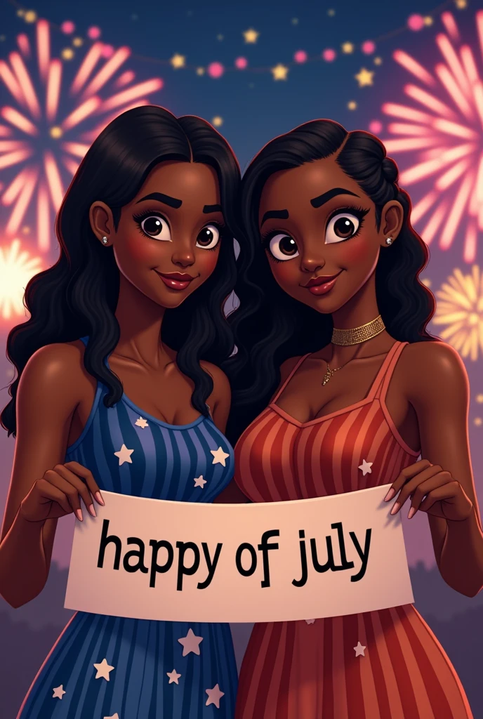 fourth of july ,block party, night, fireworks (Two beautiful girls holding a banner with text "happy", "july", "fourth"," ❤️") connie maheswaran (left side, Fit woman with dark skin, an oblong-shaped face, vivacious black eyes, a narrow convex hooked nose, perfect square body, black eyes, long black hair, toned, curvy hips, dragonbraid and a firm chest wearing a blue stars and black stripe print summer dress ); and sassy ( right side, an african-american-Caribbean woman, voluptuous, curvy, strong, shortie, sensuously cool, braided black hair, soft heart-shaped face, concaved Nubian button nose, heart-shaped physique, heart hips, glasses, heterochromia wine and brown eyes. Wearing a orange stars and black stripe print mini summer dress), Perfect characters perfect hands, perfect Face, perfect eyes, perfect physiques, dynamic perspective, ultra absurdres, ultra-detail, screencap, beautiful aesthetic, extravagant composition, hdr, uhd, sharp gradients, deep highlights, 8k, 2.5d, cel-shaded, ray tracing, masterpiece, best quality, high extravagance, high exposure, depth of field, ultra background, detailed smooth textures, 