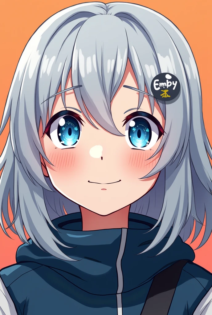 My Hero Academia style illustration。girl。Gray Hair。Medium length hair that reaches the shoulders。A small braid behind the left ear。Blue eyes。Smile with troubled eyebrows