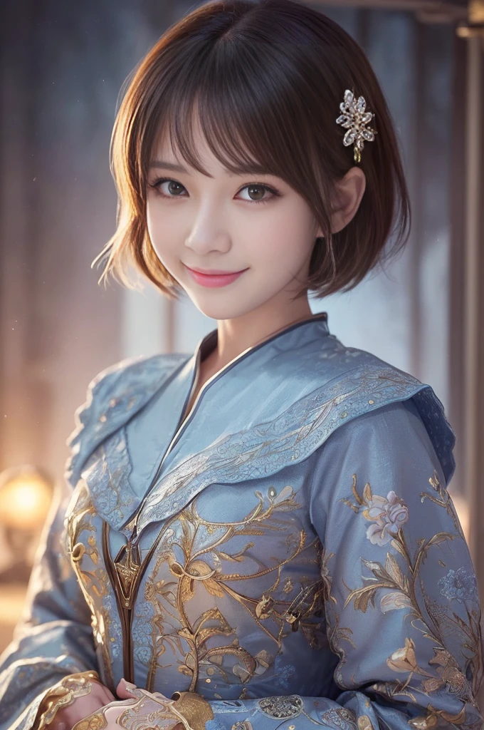 ((from below,upper body),a 25 years old girl, detailed cutie face, Beautiful, evenly balanced, detailed eyes, detailed dropped eyes, beautiful charming smile, extremely detailed face,slender body,short hair,anime style, (サンタ・クロース costume):2.0), Highres fix,colorful lights,best quality, 4K, highres, masterpiece, realistic, photorealistic, photo-realistic, vivid colors, intricate details, fantasy, soft lighting,雪の降る夜