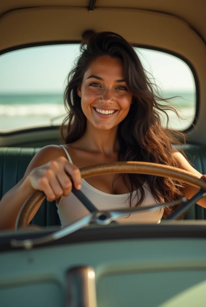 a beautiful Brazilian brunette woman driving an old volkswagen Beetle barefoot with a view from the back seat to car pedals.
