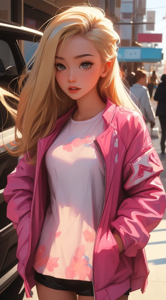 blonde woman in pink jacket and shorts posing for a photo, Wojtek FUS, ross tran 8k, ross tran style, alexandra fomina artstation, trends on cgstation, 8k 3D rendering character art, in the style of ross tran, CG Society masterpiece, DeviantArt Artstation CGScosiety, 🌺 CG Society, trends on artstation hq