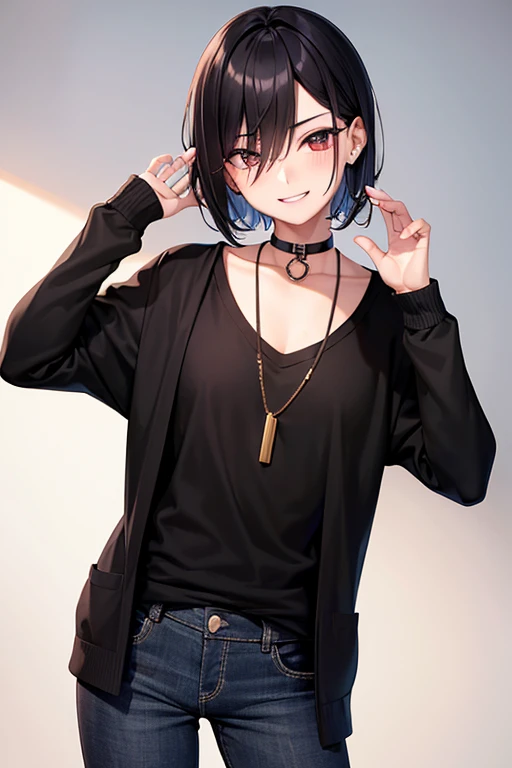Highest quality, masterpiece, Androgynous male,Black Bob Hair,Slim body,T-Shirts,cardigan,necklace,Smiling Kindly, blush