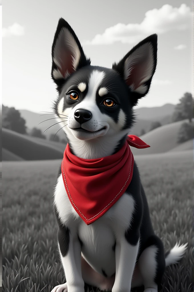 Create a black and white burgundy dog with squinty eyes and a red bandana in the countryside and give him life