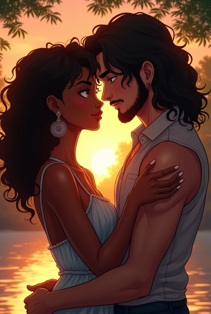 Beautiful woman with dark skin type afro, with wavy hair and earrings, Hug and look into the eyes of a loving Latin rocker man, with very long hair and a goatee-shaped beard, They are in a place where there is a lake, the sun sets and trees.
Anime type drawing.