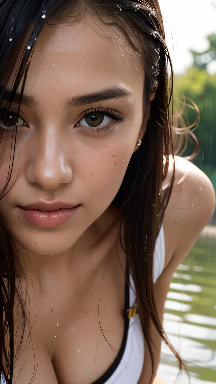 Mabutan Moroccan Islam Sul Ultra Details, Model shoot, One Girl, ((Dynamic pose)), (Shiny white micro bikini set), 18-year-old girl、Wet and transparent、((long hair)))、Iris, (Black Hair), In detail, View your viewers, Detailed face, Cleavage, (Big Tits,)、Toned Abs, White skin, (Cinema Lighting)、Wet and transparent, ((In the park after the rain))、Summer sunset、Realistic park、smile, masterpiece, 最high quality, high quality, High resolution、 ((Face close-up))、Face close-up