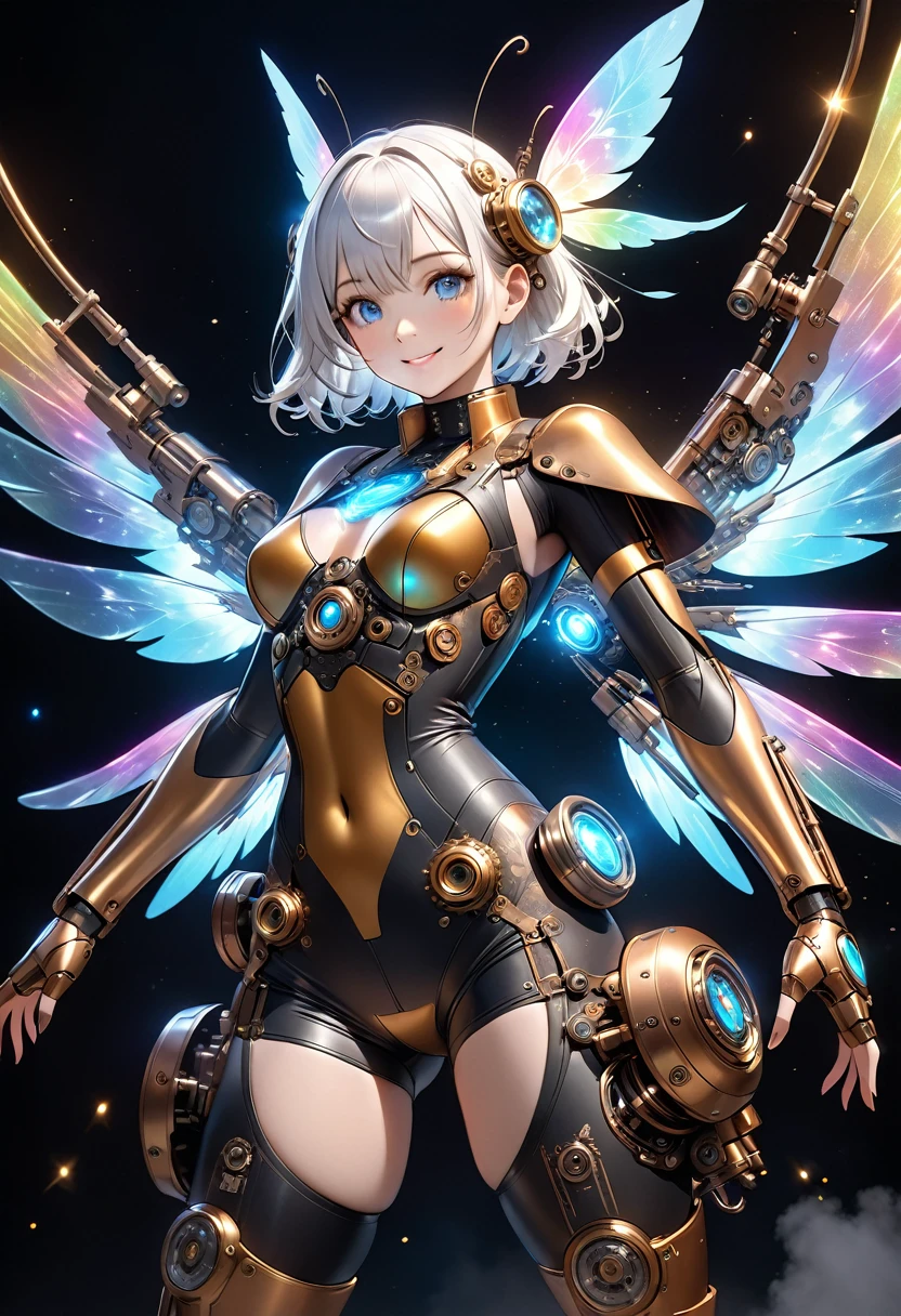 3dCG concept art.A fusion of steampunk and cyberpunk.A steampunk mechanical android girl flying with fairy wings,The girl is made entirely of machinery from the neck down.she is wearing a steampunk-style cyber suit and many steampunk mechas can be seen from the cyber suit.The cyber suit covers the entire body and is plated in dazzling gold.The girl has short white hair with some golden hair mixed in.Pretty eyes and a pretty face,Clear blue eyes,It has four fantastic wings on its back.The feathers are iridescent and have a holographic effect.Lots of light particles fly around the girl.A girl flies around with a smile in a space where cyberspace and steampunk coexist. Girls are free.Dynamic pose with girl smiling and flying towards the camera,Cowboy Shot,The realistic depiction and gloss of steampunk machines,The realistic texture of the steam coming out of your body,The breathtaking, magical sparkle and holographic effects of the feathers,High quality, high definition, (masterpiece, best quality, 4k, 8k:1.5), ultra detail,Ultra-fine painting, physically based rendering, cinematic lighting, sharp focus,Professional photo resolution, award-winning,