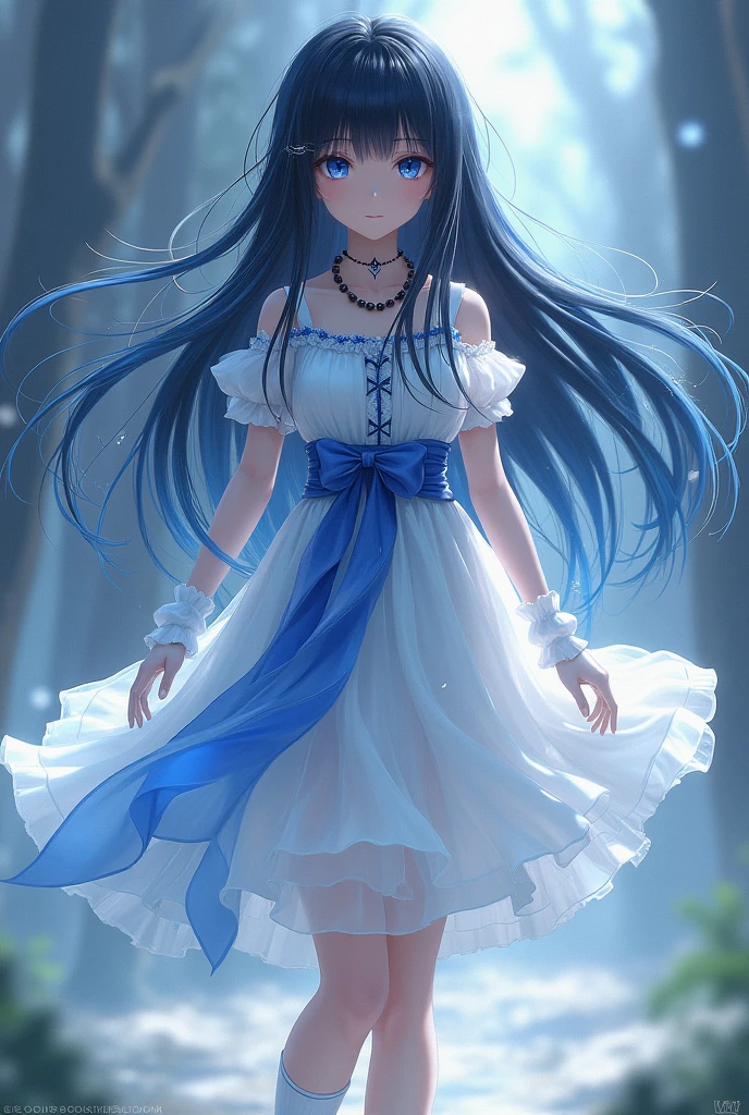 Demon slayer.has navy blue eyes with sparks.has dark black hair cobering the backside coloured with navy blue.has a white and light blue dress.white skirt, white gloves, black Pearl necklace.white socks, black cute shoes