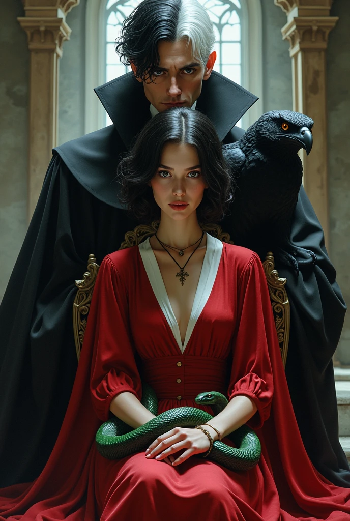 Draw a picture of a Gryffindor witch in a red dress with short hair but not too short., black with two snakes on her lap, one black and one green, and behind her a tall man with black hair with white streaks and eyes, also a little older than her. , with a black owl and the Durmstrang uniform