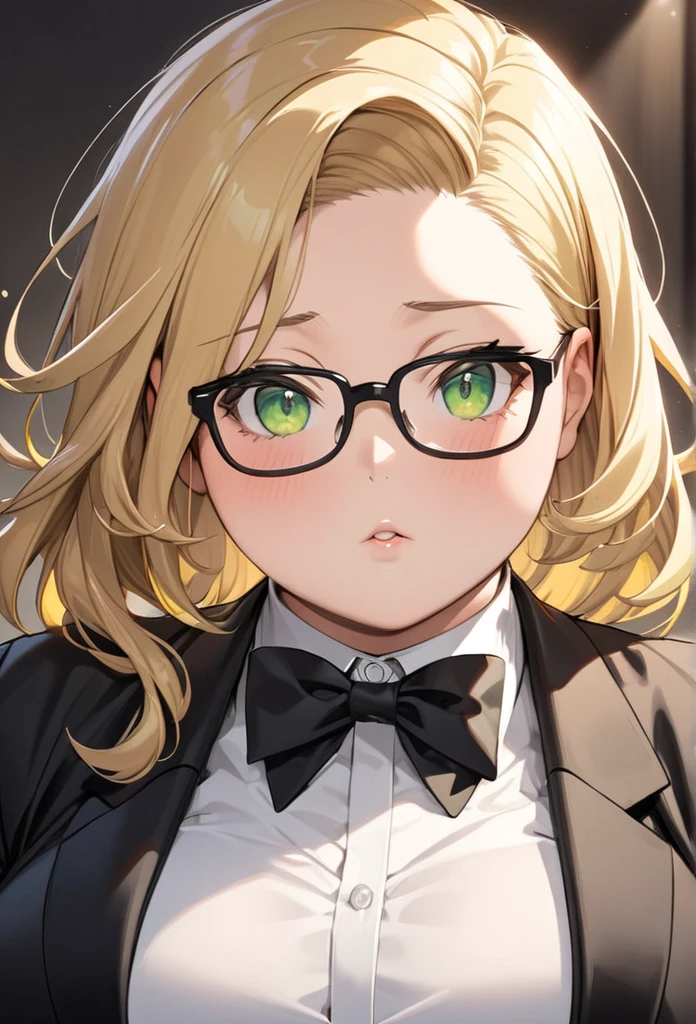 a girl , thick- set, plump, adult girl, blonde, open forehead, no bangs, green eyes, black square-rimmed glasses, 
black suit , tuxedo