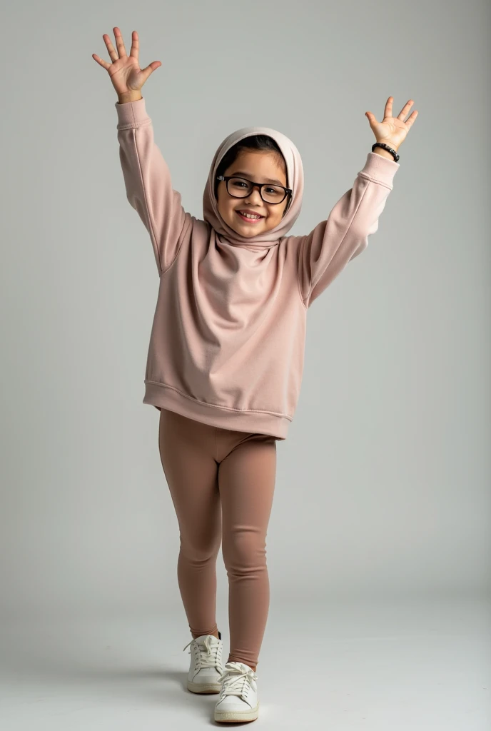 girl wearing glasses and hijab and lipstick smiling wearing leggings with both arms up in the air