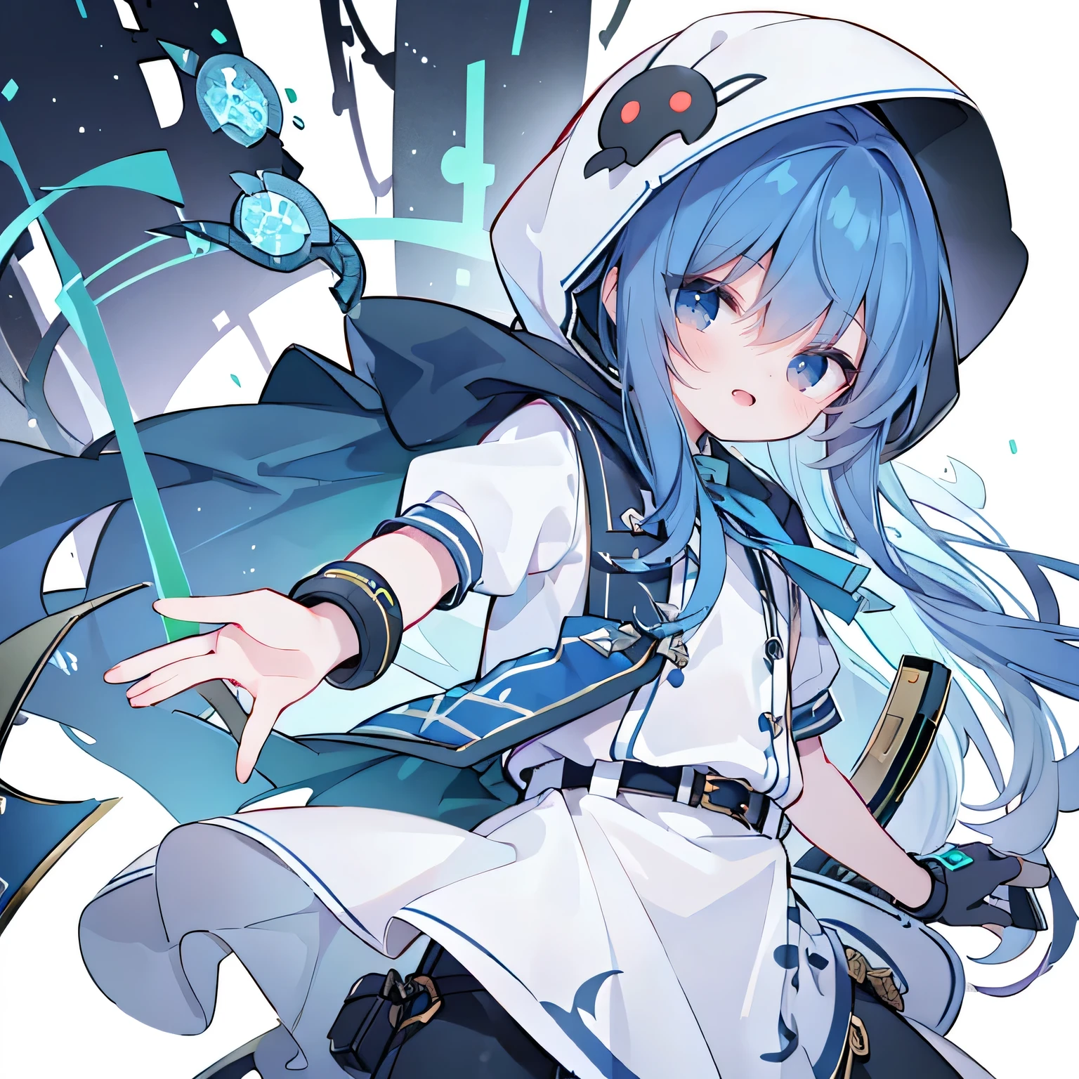 (masterpiece、top-quality、hightquality)、a 15 year old boy、Comes with white hood、The long-haired、dark blue hair 、Stand on white background、snake motif、Laughed、verd s eyes、researcher、character designs、a belt、modern、cyberpunked、neuter、shortpants、face with seams