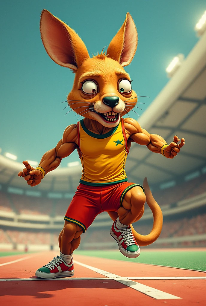 (chibi Emoji Meme), pulp Comics art style, funny photo portrait of a grotesque (Olympic Long jump athlete suit kangaroo), upper body, strange eyes, Olympic background, emoticon. emotional, dynamic movement, vivid, (masterpiece, best quality, absurdres, ultra-detailed, intricate details:1.3)