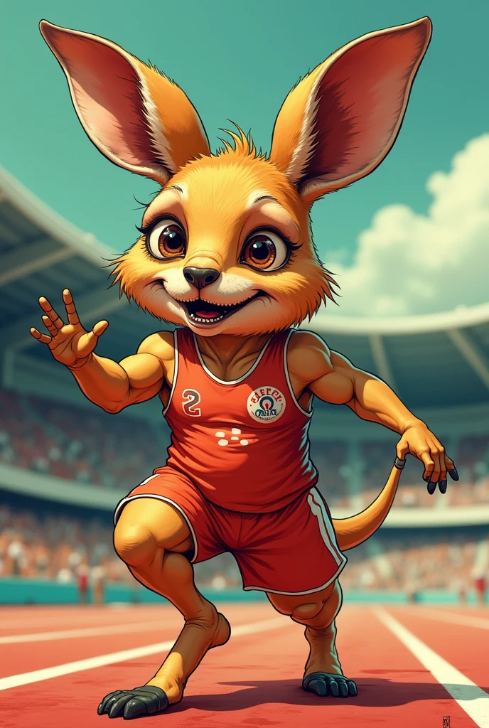 (chibi Emoji Meme), pulp Comics art style, funny photo portrait of a grotesque (Olympic Long jump athlete suit kangaroo), upper body, strange eyes, Olympic background, emoticon. emotional, dynamic movement, vivid, (masterpiece, best quality, absurdres, ultra-detailed, intricate details:1.3)