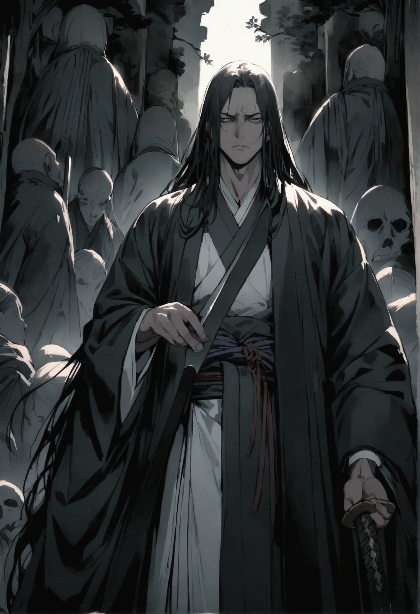 black-haired, evil-looking man, with long hair, majestic features, traditional Japanese clothes, and countless bodies and graves behind him, holding a bloodied sword in his right hand.