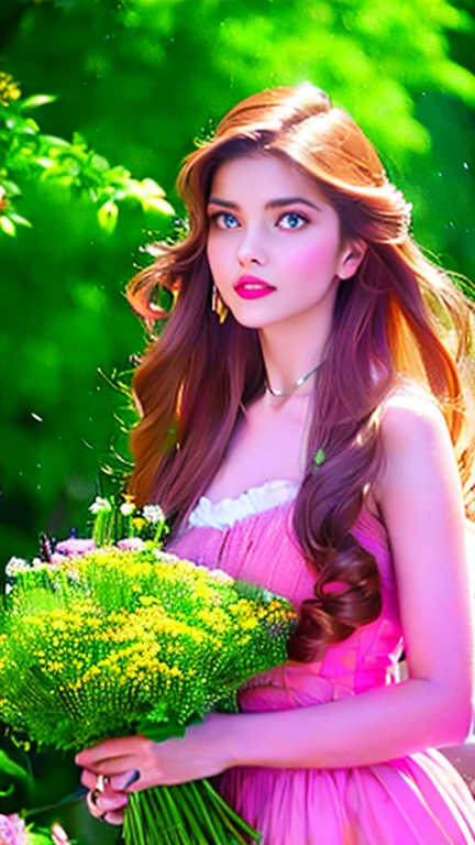 a beautiful woman with caramel-colored hair, long straight hair, flowing hair, light green eyes, pure and vivid, fleshy and pink mouth, fair and classic skin, woman of extreme beauty, a perfect goddess, commoner clothing style of the Victorian era, holding a bouquet of colorful flowers, in the background French colony of the Victorian era, wallpaper 4k, 32k Ultra, Ultra Hd, cinematic lighting, movie poster, Top Quality、超High Resolution A