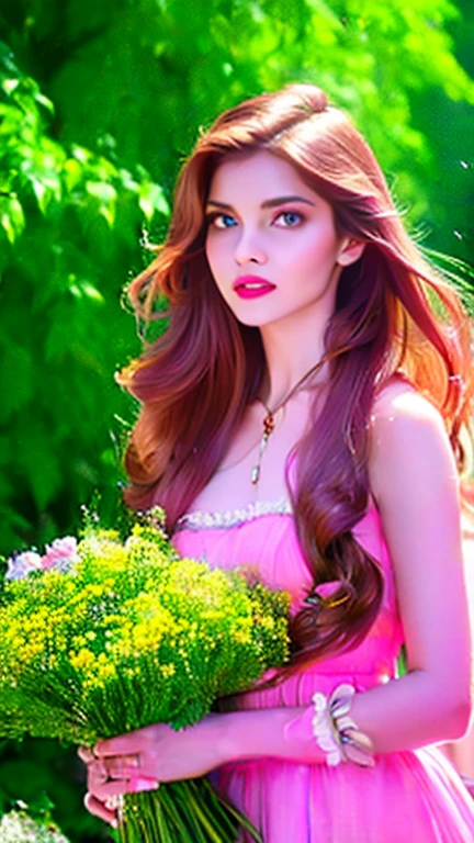 a beautiful woman with caramel-colored hair, long straight hair, flowing hair, light green eyes, pure and vivid, fleshy and pink mouth, fair and classic skin, woman of extreme beauty, a perfect goddess, commoner clothing style of the Victorian era, holding a bouquet of colorful flowers, in the background French colony of the Victorian era, wallpaper 4k, 32k Ultra, Ultra Hd, cinematic lighting, movie poster, Top Quality、超High Resolution A