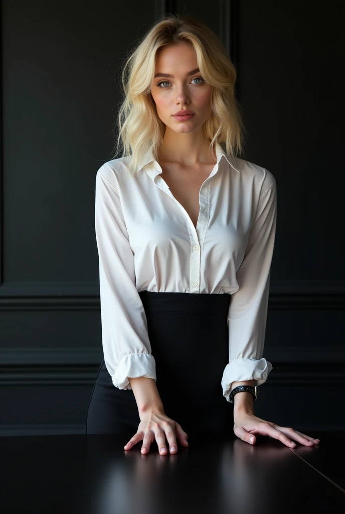 a blonde,blue eyes,18 years old,White shirt,Black skirt,Huge Breasts,Must have E CUP,Good figure,A girl with very fair skin stands behind a black table and takes a photo with a high sense of reality from a distance with a black wall in the background.