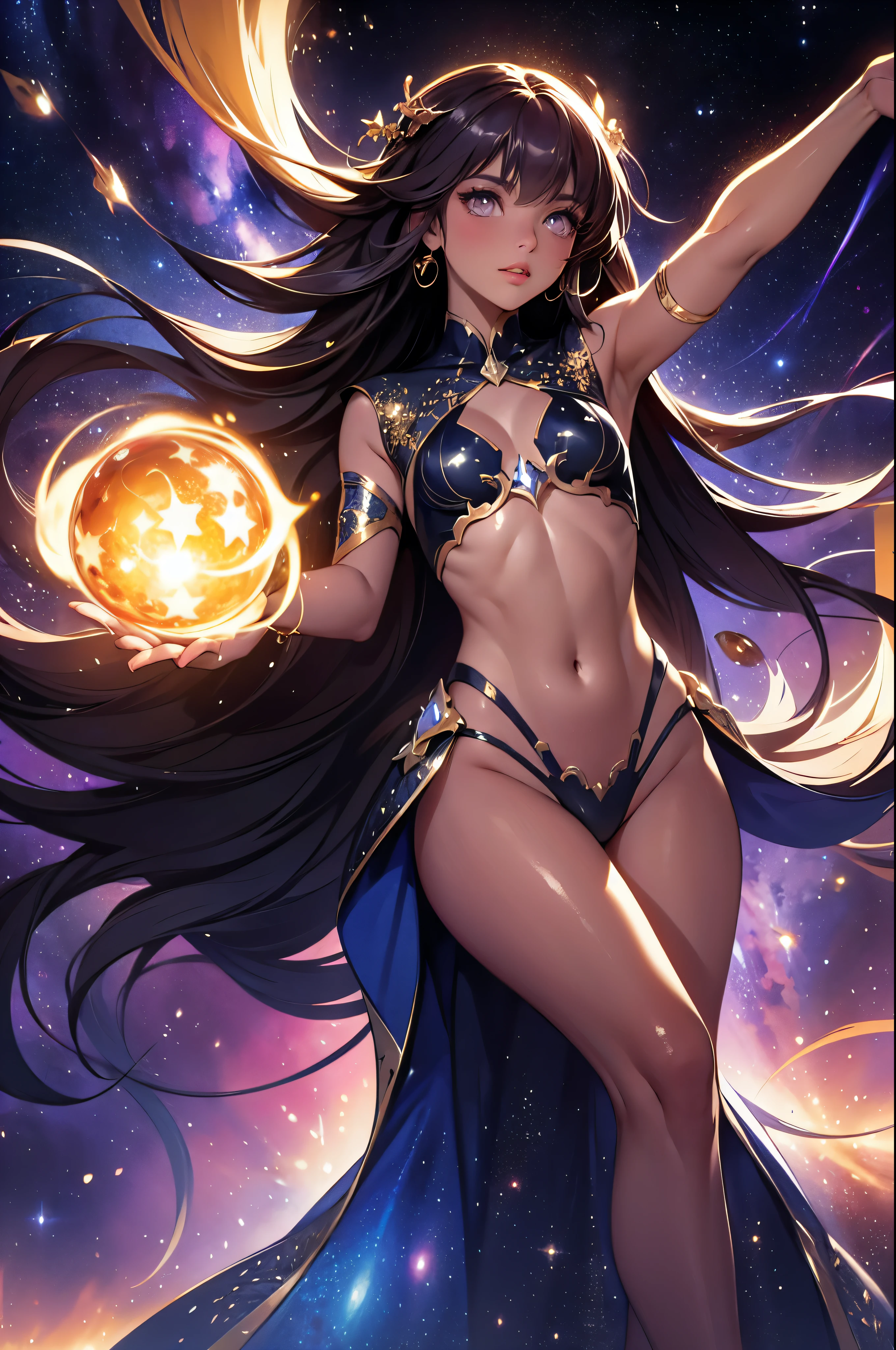 Illustrate a scene titled "Dancing with the cosmos," featuring a figure or creature gracefully moving through a vibrant, starry galaxy. The figure should appear elegant and fluid, with movements that seem to flow naturally with the cosmic backdrop. Surround the figure with swirling nebulae, bright stars, and distant planets, all in a mix of deep blues, purples, and shimmering golds. The figure’s silhouette might blend with the stardust, creating a sense of unity with the galaxy. The scene should evoke a feeling of harmony and wonder, as if the figure is truly dancing with the cosmos, becoming one with the universe’s rhythm.