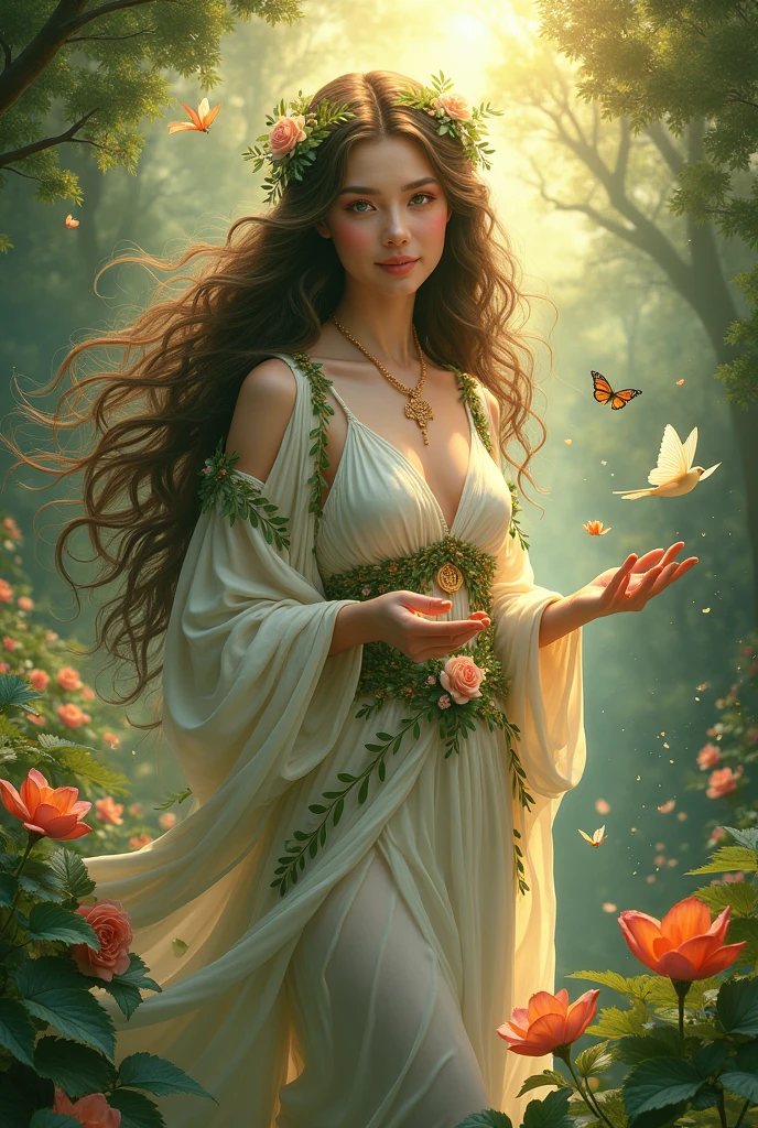 (Goddess of Life:1.4), (masterpiece:1.4, best quality), (photo realistic:1.4), ethereal and nurturing expression, glowing with a soft and warm aura, dressed in flowing robes made of delicate petals and vines, (long, flowing hair intertwined with blooming flowers:1.2), (emerald green eyes:1.2), gentle smile radiating compassion and vitality, surrounded by vibrant plants, animals, and mystical creatures, (background of a lush, enchanted forest:1.2), (sunlight filtering through the trees, casting a golden glow:1.2), (butterflies and birds fluttering around her:1.2), rich textures, soft and vibrant colors, (deep greens:1.2), (soft pastels:1.2), (golden accents:1.2), (dynamic composition with flowing lines:1.2), high-quality and detailed, (enchanting and serene atmosphere:1.2), transcendent and unique, perfect image quality, representing the essence of life, growth, and renewal, captivating and timeless presence