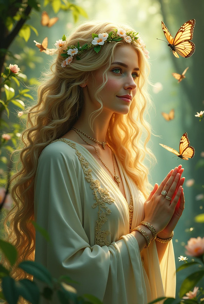 (Goddess of Life:1.4), (masterpiece:1.4, best quality), (photo realistic:1.4), ethereal and nurturing expression, glowing with a soft and warm aura, dressed in flowing robes made of delicate petals and vines, (long, flowing hair intertwined with blooming flowers:1.2), (emerald green eyes:1.2), gentle smile radiating compassion and vitality, surrounded by vibrant plants, animals, and mystical creatures, (background of a lush, enchanted forest:1.2), (sunlight filtering through the trees, casting a golden glow:1.2), (butterflies and birds fluttering around her:1.2), rich textures, soft and vibrant colors, (deep greens:1.2), (soft pastels:1.2), (golden accents:1.2), (dynamic composition with flowing lines:1.2), high-quality and detailed, (enchanting and serene atmosphere:1.2), transcendent and unique, perfect image quality, representing the essence of life, growth, and renewal, captivating and timeless presence