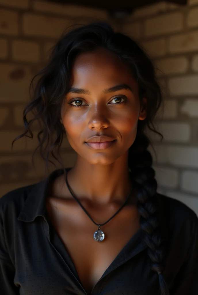 A close-up portrait of a young bold woman with dark skin and a calm, neutral expression, captured indoors with warm, low lighting. She has dark, wavy hair, loosely tied in a single braid that falls over her right shoulder. She is wearing a simple black blouse with a subtle textured pattern, and a pendant necklace with a clear, crystal-like stone hanging from a thin black cord.The setting is a rustic, dimly lit room, with rough brick walls visible in the background, giving a sense of modest, natural surroundings. The light source is soft, illuminating the left side of her face, creating gentle highlights on her skin, while the right side is slightly in shadow, adding depth and a sense of quiet intimacy to the image. The background is slightly out of focus, drawing attention to the woman's face and expression, which conveys a feeling of calm and introspection. The overall color palette is warm and muted, with earthy tones dominating the scene.