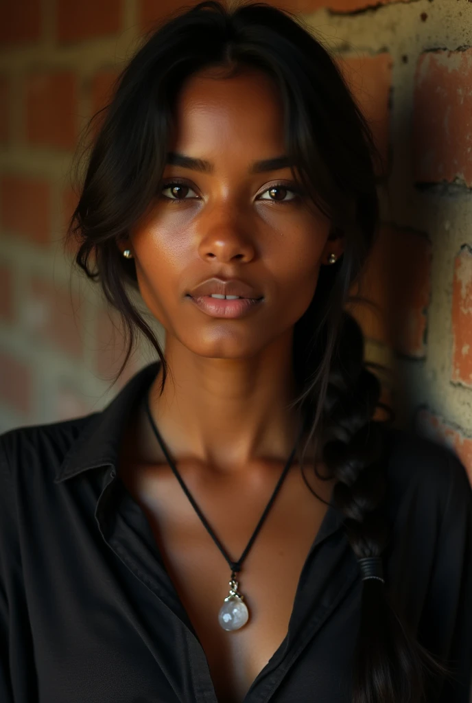 A close-up portrait of a young bold woman with dark skin and a calm, neutral expression, captured indoors with warm, low lighting. She has dark, wavy hair, loosely tied in a single braid that falls over her right shoulder. She is wearing a simple black blouse with a subtle textured pattern, and a pendant necklace with a clear, crystal-like stone hanging from a thin black cord.The setting is a rustic, dimly lit room, with rough brick walls visible in the background, giving a sense of modest, natural surroundings. The light source is soft, illuminating the left side of her face, creating gentle highlights on her skin, while the right side is slightly in shadow, adding depth and a sense of quiet intimacy to the image. The background is slightly out of focus, drawing attention to the woman's face and expression, which conveys a feeling of calm and introspection. The overall color palette is warm and muted, with earthy tones dominating the scene.