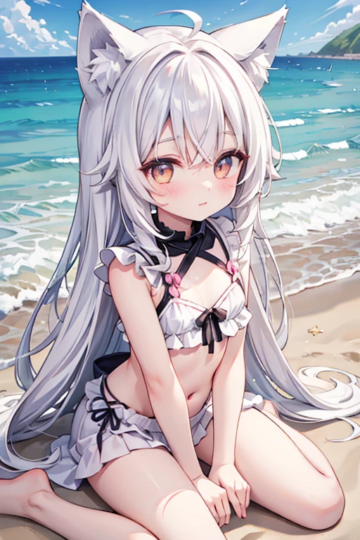 ,White long hair,Wolf ears,Beach,Sunlight