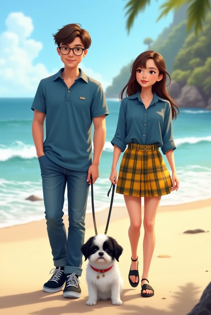 They are a couple. the boy wears glasses, Blue polo shirt and jeans with black sneakers, He has short hair. The girl is wearing a yellow and black plaid skirt, a short blue blouse and black sandals. They are both thin. They are on the beach walking with their only white Shitzu dog with black spots., The puppy has one black ear and the other white ear..