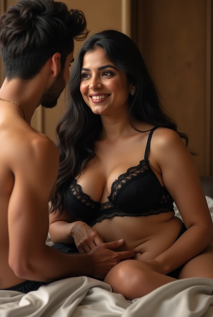 (photorealism:1.2), A beautiful gorgeous plump Indian 55-year-old woman wearing a Black thin bra panty, long hair, huge breasts, hot body curves, smiley face, white skin, laying on bed with 21 years old handsome man